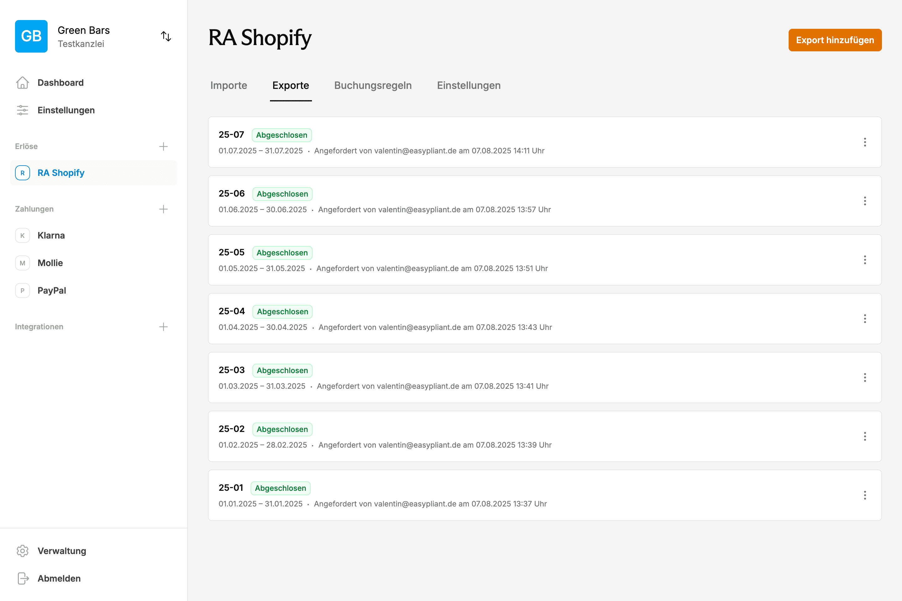 EasyPliant Dashboard zeigt automatisierte DATEV-Exporte für Shopify E-Commerce Buchhaltung mit strukturierten Transaktionsdaten und Buchungsregeln
